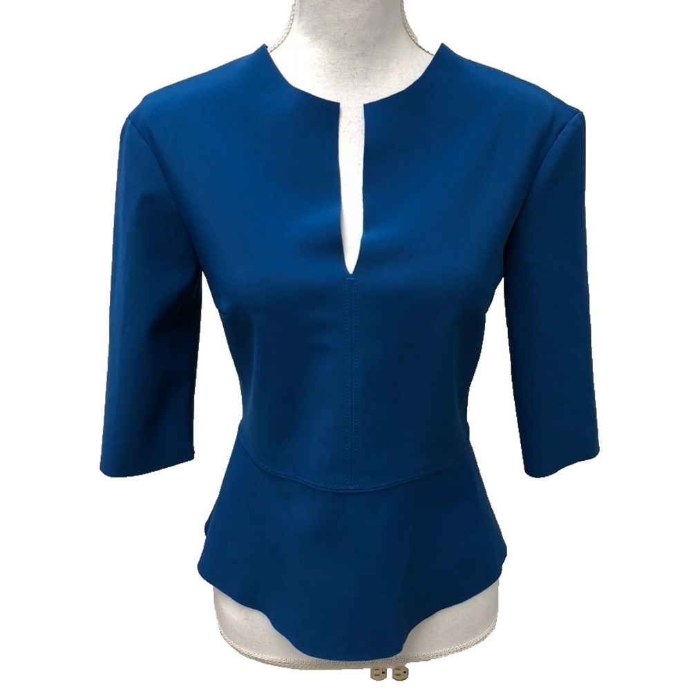 M2057 Maria Pinto Peplum Blouse Top Womens Small Blue Professional Old Money